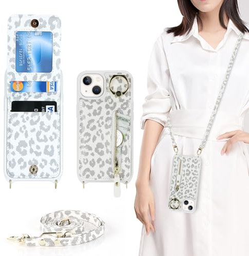 Zouzt for iPhone 13 Mini Case with Cord and Card Holde, Zipper Wallet Case with Crossbody Lanyard Ring Adjustable Necklace Protective Cover Women for iPhone 13 Mini 5.4 Inch - White Leopard