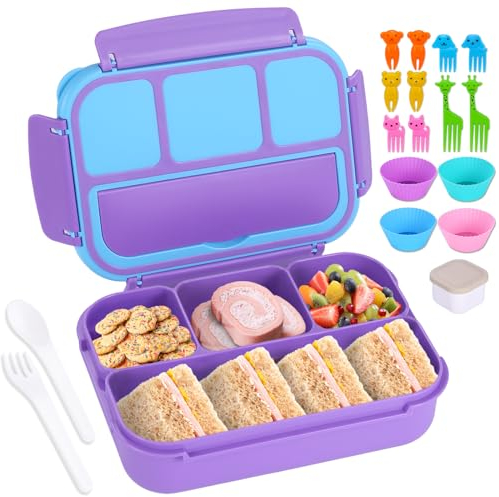 shell and turtle Bento Box for Kids Girls Boys, Bento Box Adult Lunch Box with 4 Compartments, Lunch Containers with Utensils, Sauce Jar, Muffin Liners for School, 40 Oz/5 Cup, Purple