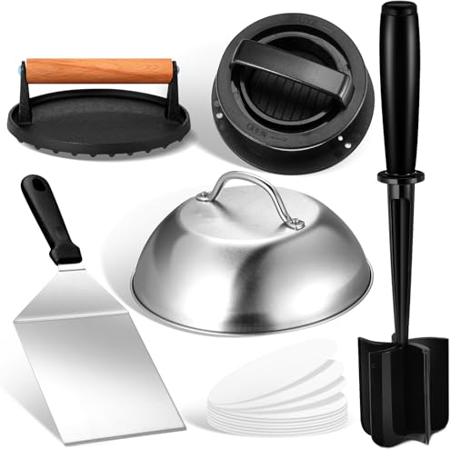 Tiangrid Burger Kit Griddle Accessories Kit 3 in 1 Burger Press Smashed Grill Press Cast Iron Stainless Steel Griddle Spatula Melting Dome Meat Chopper Tool for Ground Beef Turkey Grill Accessories