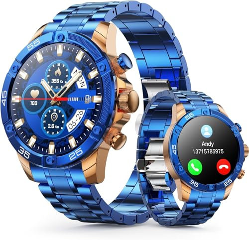 OHUGNA Men's Smart Watch Round HD 1.53 Gold Blue Smart Watches for Men, Multiple Sports Modes, Bluetooth Voice Call. Available for iOS and Android (Blue)