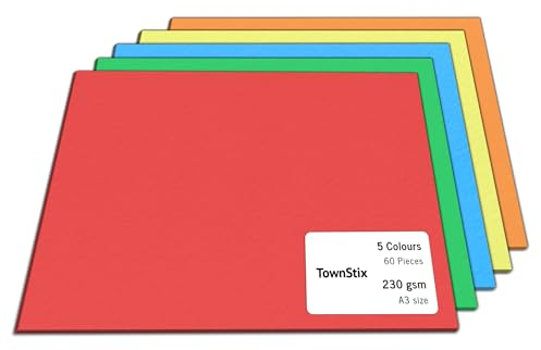 60 Stück, 230gsm - A3 Tonkarton Bastelkarton Bunt, Fotokarton Tonpapier Pappe zum Basteln Karton - 5 Farben