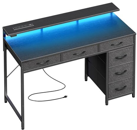 Huuger - gaming computer with 6 drawers, computer desk with LED lights and Type-C outlets, 39 inch office desk with storage, monitor stand,