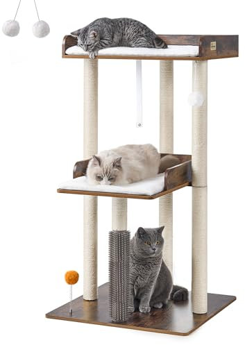 FourFurPets Arbre à Chat Hauteur 111 cm, Tour Arbre à Chat Moderne, Tour à Chat pour Grands Chats d'intérieur Adultes, Arbre à Chat en Bois avec Grande Perche, Marron Rustique