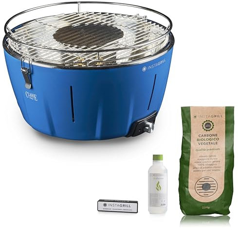 InstaGrill | Barbecue a Carbonella senza fumo, da Tavolo, da Balcone, Portatile. Include Batteria Ricaricabile, Carbone e Gel per accensione, in soli 5 minuti. Grill da Campeggio. PAK Blu Oceano
