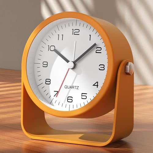 AYRELY 3.5-Inch Analogue Alarm Clock - Silent, Non-Ticking Bedside Clock with Retro Design, Adjustable Angle, Battery Operated, Desk Clock with Light (Orange)
