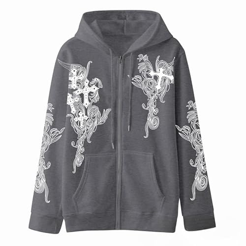 Damen Herren Y2K Reißverschluss Oversized Hoodie Gothic Kreuz Grafik Emo Grunge Baggy Fleece Jacke 90er Jahre Punk Streetwear, grau dunkel, M