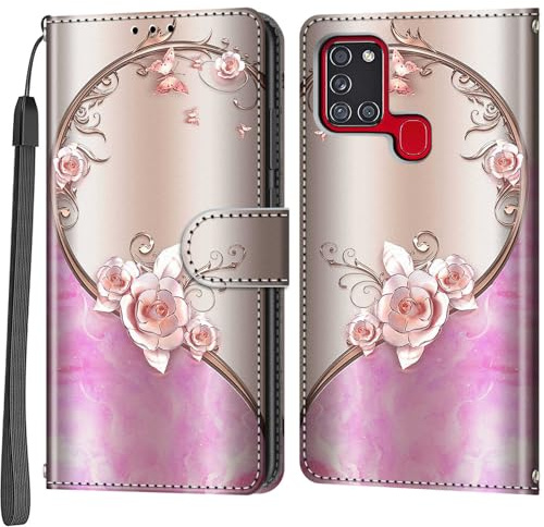 Handyhülle für Samsung Galaxy A21s Hülle, Rosa Rose | Magnetische, Stoßfeste Faltbar Klapphülle, Standfunktion, Kartenfächern, Geldbeutel, PU Lederhülle, Handytasche