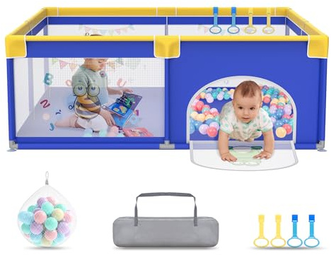 UISEBRT Laufstall Baby 150x180cmLaufgitter für Baby mit 50 Ocean Bällen & 4 Zugringen & Tragetasche, Faltbar Laufgitterzelt mit Atmungsaktivem Netz für Kinder, Blau mit Tiermotiven