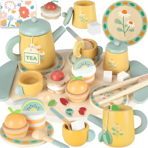 UCAMP Services à Thé en Bois,Tea Party Jeux de Rôle 23pcs Service à Thé pour Enfants Service à Thé Jouets Dînette Enfant Accessoire Jeux de Cuisine,Cadeau Créatif Enfant Garçon Fille 3+Ans