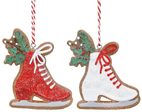 Christmas Decorations, 1x Gingerbread Biscuit Bauble, 1x Ice Skate Shoe Bauble, Gingerbread Ice Skating Shoe Bauble, Xmas Decoration, Hanging Traditional Vintage Christmas Tree Bauble (White)