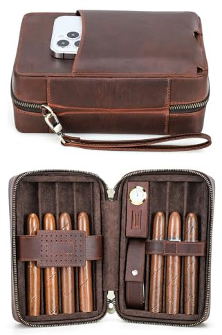 Hiram Zigarrenetui Echtes Leder Zigarren Humidor für 7 Zigarren Tragbare Zigarrenbox mit Zigarrenschneider und Feuerzeugtasche, Multifunktionale Zigarren Tasche mit eingebautem Luftbefeuchter und