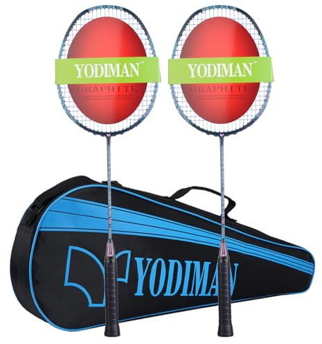 YODIMAN 2er-Set Ultraleichte Badmintonschläger (74g) – Rahmenmaterial & Schaftmaterial aus Graphit – Hochflexibel, Bespannung bis 28lbs – Für Training und Wettkampf (blaugrün)