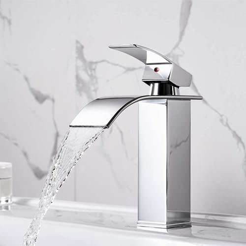 XWIHTR Rubinetto da bagno a cascata, rubinetto per lavabo, rubinetto per lavabo a una maniglia; bocca calda e fredda, silenzioso, rubinetto da bagno in ottone in acciaio inox (cromo)