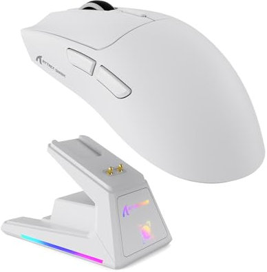 MAMBASNAKE x Attack Shark X1 Ratón Ligero para Juegos FPS con Base de Carga, 49g Superlight, Sensor PAW3395 Pro 40K dpi, Tasa de Sondeo de 1000Hz, BT/2,4G Inalámbrico/Cable, PC/Mac - Blanco