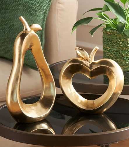 Dekoleidenschaft 2X Dekofigur Apfel & Birne aus Polyresin in Gold, 17 + 26 cm hoch, Tischdeko, Dekoobst, Figurenset