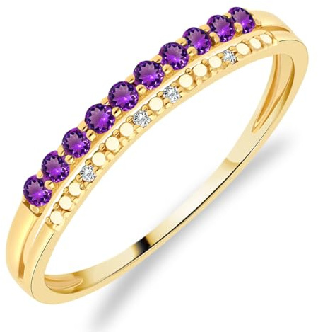 Planetys - Damenring aus Gelbgold 375/1000 mit Edelsteinen mit 10 natürlichen Amethysten und 4 natürlichen Diamanten