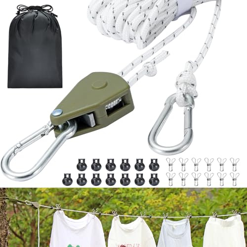 Harqa Ausziehbare Reise-Wäscheleine, 4,8 m, verstellbar, strapazierfähig, mit reflektierendem Seilzugsystem, Edelstahl-Haken und Clips, tragbar für Camping, Kreuzfahrt, Hotel, Balkon und