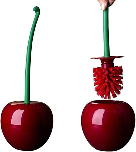 Cherry Toilet Brush and Holder Set - Dora Cute Bathroom Accessory, Long Handle Design with Stable Base for Bathroom Decor (1 Brush & 1 Holder)