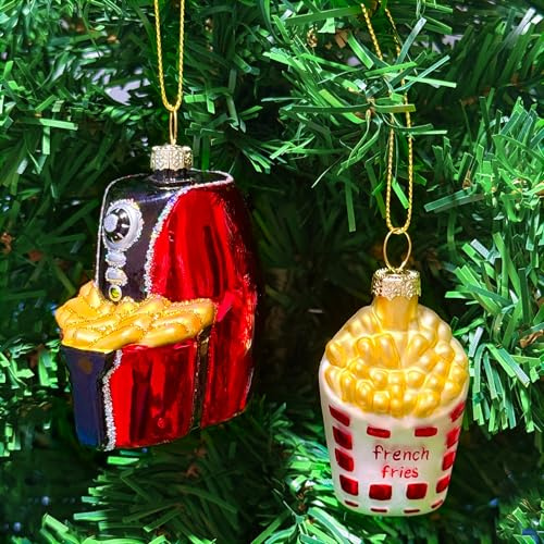 Amanman mundgeblasenes Glas Weihnachtsschmuck - Funny Air Fryer & Fries Set | Einzigartige Lebensmittel Ornamente für Baum