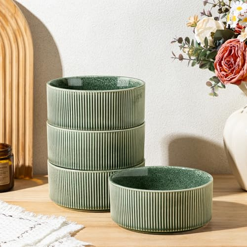 GBhome Steingut Müslischalen 4 Personen, Steingut Müslischale, Kratzfeste Kleine Schüssel Für Spülmaschine, Mikrowelle, Müsli Schüssel Set, Immergrün