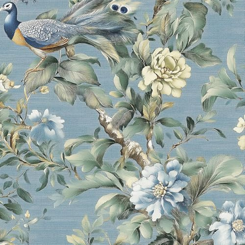 Selbstklebende Tapete Blau Blumen, 44 x 300 cm Tapete Vögel Blau Tapeten Dschungel Blaue Blumentapete Blätter Pfau Baum Pflanzen Möbelfolie Selbstklebend für Badezimmer Wohnzimmer Schlafzimmer Küche