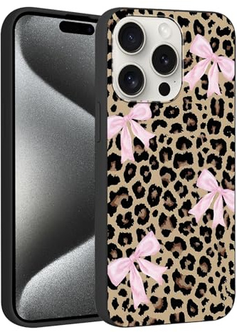 Foonary Leopard Pink Bow Print Case for iPhone 15 Pro Max 6.7,Cute Aesthetic Design Silicone Soft cheetah print Pattern Phone Cover for Girls, Preppy Shockproof Protective Case for Women