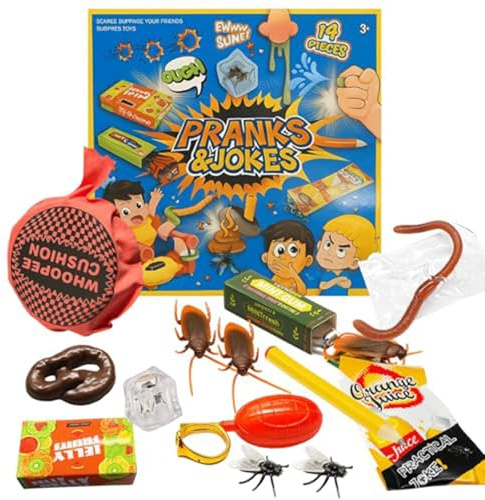 Prank Kits For Kids,14Pcs Pranks Pack And Joke Toys Box Set,April Fools Funny Prank Gadgets Stuff for Boys & Girls, Included Whoopee Cushion, Fake Poo, Fake Roaches (1Pack)