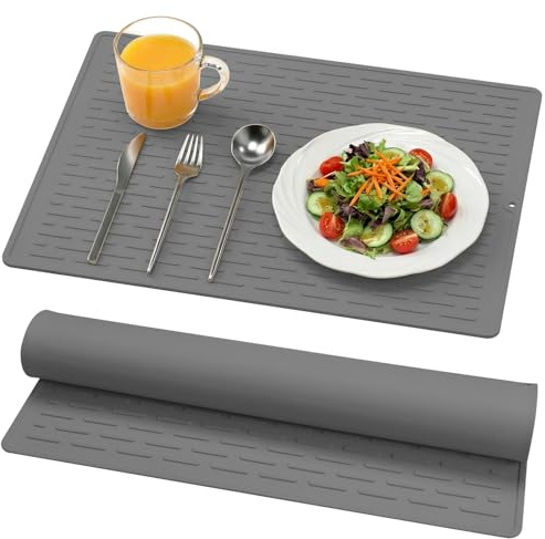 BLESWIN Silicone Dish Drying Mat with Built-in Grooves, 30 x 40 cm, Easy Clean Multi-Usage Dish Drying Pad for Kitchen Countertops, Sink Liner or Refrigerator Storage (Grey)