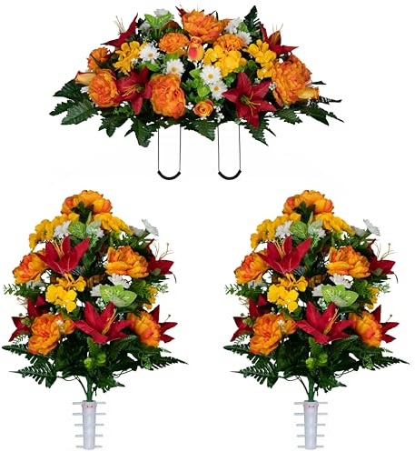 Sympathy Silks Artificial Flowers for Cemeteries - Gravesite Bouquet - Red Lily and Sunrise Peony - (1) Saddle (2) Bouquets