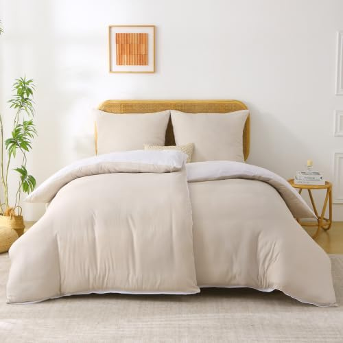 softan Bettwäsche 135x200 4teilig Mikrofaser, Beige/Weiß, 80x80 Kissen | 2 Bettbezüge 135x200cm mit 2 Kissenbezüge 80x80cm, ÖKO-TEX, Mit Reißverschluss, Bettwäsche-Sets Weich und Bügelfrei