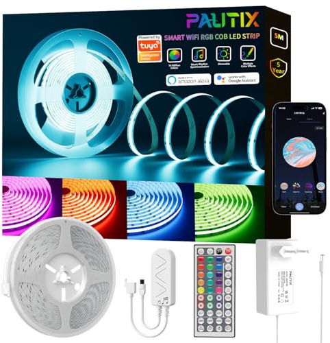 PAUTIX WiFi COB LED Streifen RGB 5M 24V Dimmbar RGB LED Strip Lights,Kompatibel mit Alexa/Google Assistant/Tuya,Flexibel Mehrfarbig LED Band mit Farbwechsel für TV,Schlafzimmer,Party und Wohnkultur