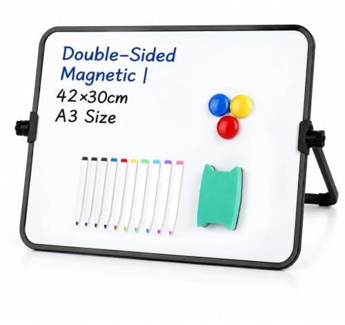 LiangSanXin A3 Doppelseitige Magnettafel Whiteboard für Büro Zuhause | Kleine magnetische Whiteboard-Tafel abwischbar, Set mit 10 Stiften, Halter, 3 Magneten und Schwamm für Heim und Büro