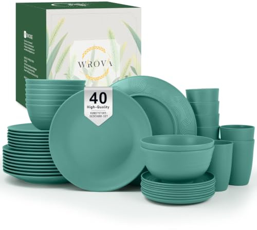Wrova Set di stoviglie da 40 pezzi, piatti e ciotole con bicchiere, indistruttibili, per 8 persone, lavabili in lavastoviglie e adatte al microonde, per campeggio, camper, verde scuro