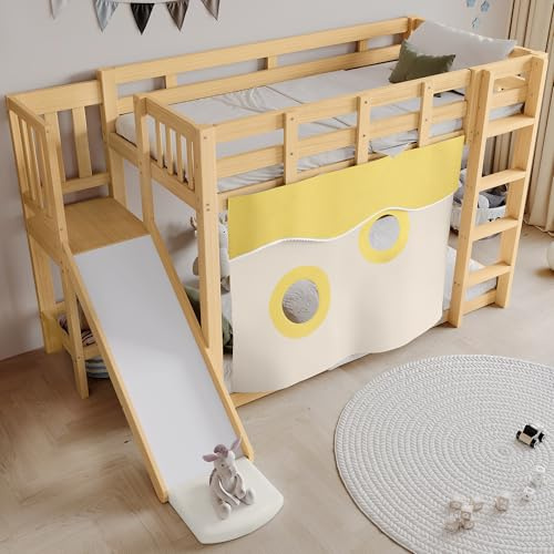 Tidyard Etagenbett, 90x200 cm, mit Treppe, Rutsche, MDF, Kiefer, Naturholz, Sicherheitszaun, Vorhang, für Kleinkinder, Kinderzimmer, Gästezimmer