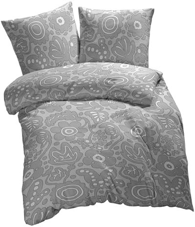 etérea Microfaser Bettwäsche April Blumen 155x200 2er Set - Bügelfrei mit Reißverschluß - Allergiker geeignet nach Oekotex 100-155 x 200 + 80 x 80 cm - Grau