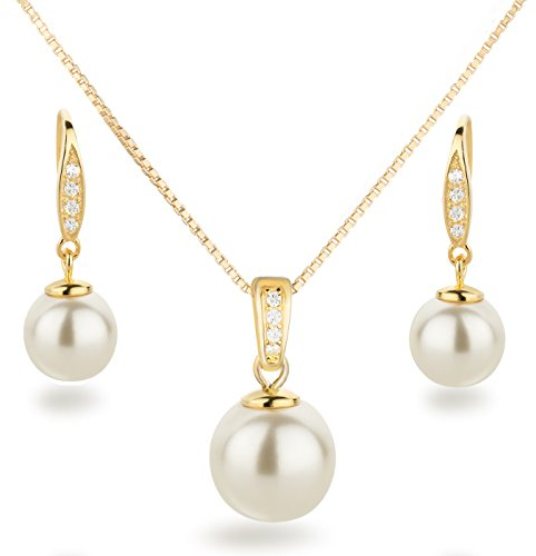 Schöner SD Schmuckset Perle 925 Silber vergoldet Anhänger Kette Ohrringe cremeweiß