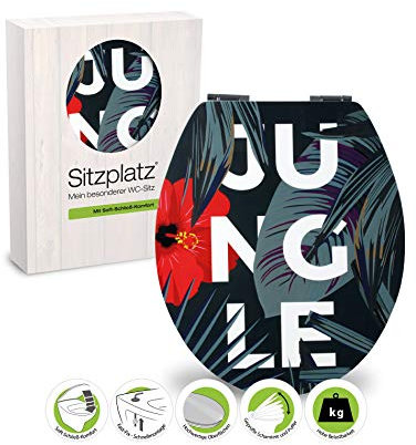 SITZPLATZ® WC-Sitz mit Absenkautomatik, Dekor Dschungel, Gloss Toilettensitz mit Holzkern, Fast-Fix Schnellbefestigung, Standard O Form universal, Metallscharnier, Motiv WC Deckel glänzend, 40377 1