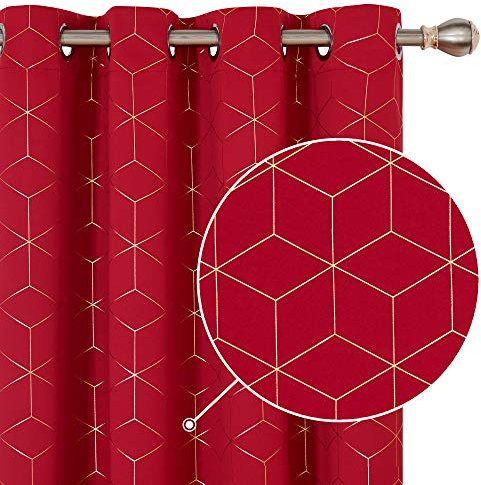 Deconovo Functional Blackout Curtains Eyelet Curtains Thermal Insulated Curtains Gold Diamond Printed Curtains for Bedroom Red W52 x L54 Inch One Pair