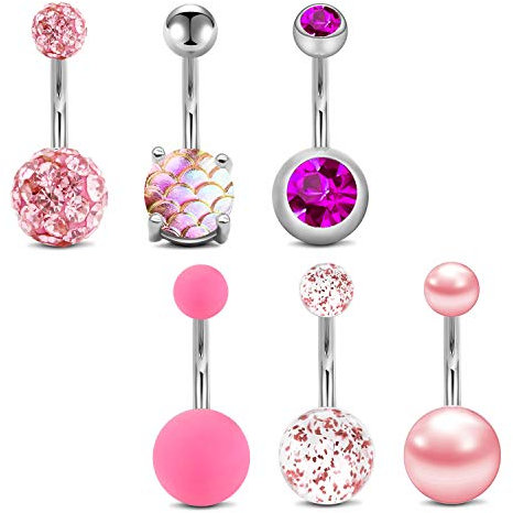 Mayhoop Piercing Nombril Acier Chirurgical CZ & Boule 6pcs 14G Anneau de Nombril Clou Piercing de Ventre 10mm Femme Homme Bijoux de Piercing Rose