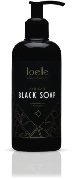 Loelle - Savoir Noir Africain Liquide Constitué Exclusivement de Matières Premières Naturelles, Savons Bio, Corps, Visage et Cheveux, Gommage Corporel, Nettoyant Bain Fabriqué au Ghana, 250ml