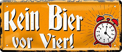 Blechschild Lustiger Bier Spruch “Kein Bier vor Vier!“ Deko Alkohol Pub Theke Bar Schild Metallschild Humor Witziges Geschenk zum Geburtstag oder Weihnachten 28x12 cm