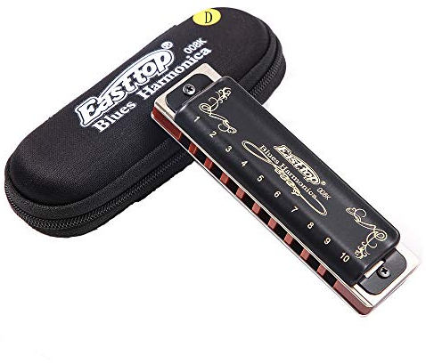 Easttop Diatonische Blues Mundharmonika mit 10 Löchern, 20 Töne, schwarz, T008K mit Etui, professionellere Mundharmonika für Anfänger, Studenten, Erwachsene und professionelle Spieler (Tonart D)