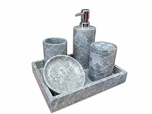 Kinaree Badezimmer Set Marmor - 5 teiliges Set Onyx oder Dunkel - Seifenspender, Zahnputzbecher, Seifenschale, Ablage (Marmor Dunkel)