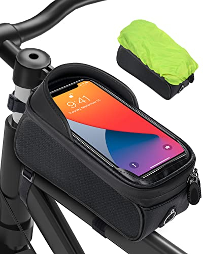 MixcMax Fahrradtasche, Fahrradrahmen, Handyhalterung, Rahmentasche, Lenkertasche, Handyhalterung, Obere Tasche mit Helmloch für Smartphone unter 6,8 Zoll (Schwarz)