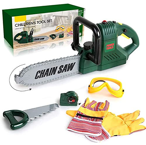 Veluoess 6 PCS Set di Attrezzi per Bambini,Attrezzi da Lavoro Giocattolo con Motosega Elettrica Sega Occhiali e Metro a Nastro,Giocattolo D'imitazione Regali Educativi per Ragazzi e Ragazze 3 Anni +