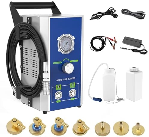 MOTOCOCHE 220V Auto Bremsenentlüftergerät Elektrisch 0~3 Bar kfz Bremsenentlüftungsgerät mit 7 Adaptern Bremsflussigkeit Wechselgerät Kompatibel mit Benz BMW