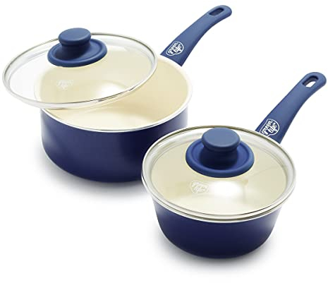 GreenLife Soft Grip Healthy Ceramic Nonstick, 1QT and 2QT Saucepan Pot Set with Lids, PFAS-Free, Dishwasher Safe, Blue