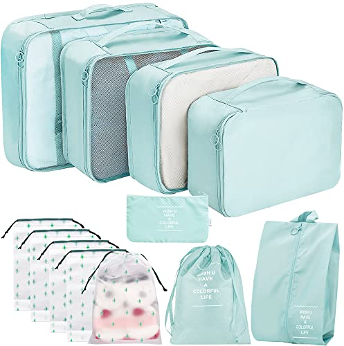 12Pcs Packing Travel Cubes for Suitcase Luggage Organizers with 5 Drawstring Bags,Suitcase Organiser Bag with Waterproof Shoe Storage Bag Compression Pouches Blue