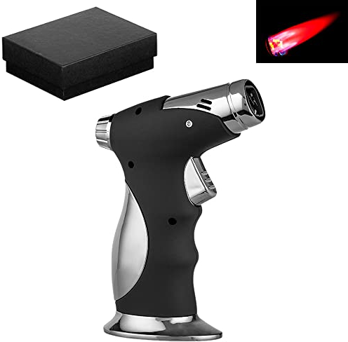 Grosses Sturmfeuerzeug 4-Fach Jet Flame Feuerzeug Zigarrenfeuerzeug mit 8mm Zigarrenbohrer Bunsenbrenner Kohleanzünder Flambierer Grillanzünder Camping Outdoor Turbofeuerzeug windfest Standfuss