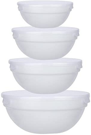 Glass Bowls with Lids White Set of 4 Opal Glass Serving Storage Bowl Nesting Salad Food Stackable for Meal Prep Leftovers Baking Cooking Kitchen, Microwave and Dishwasher Safe (Plain White)
